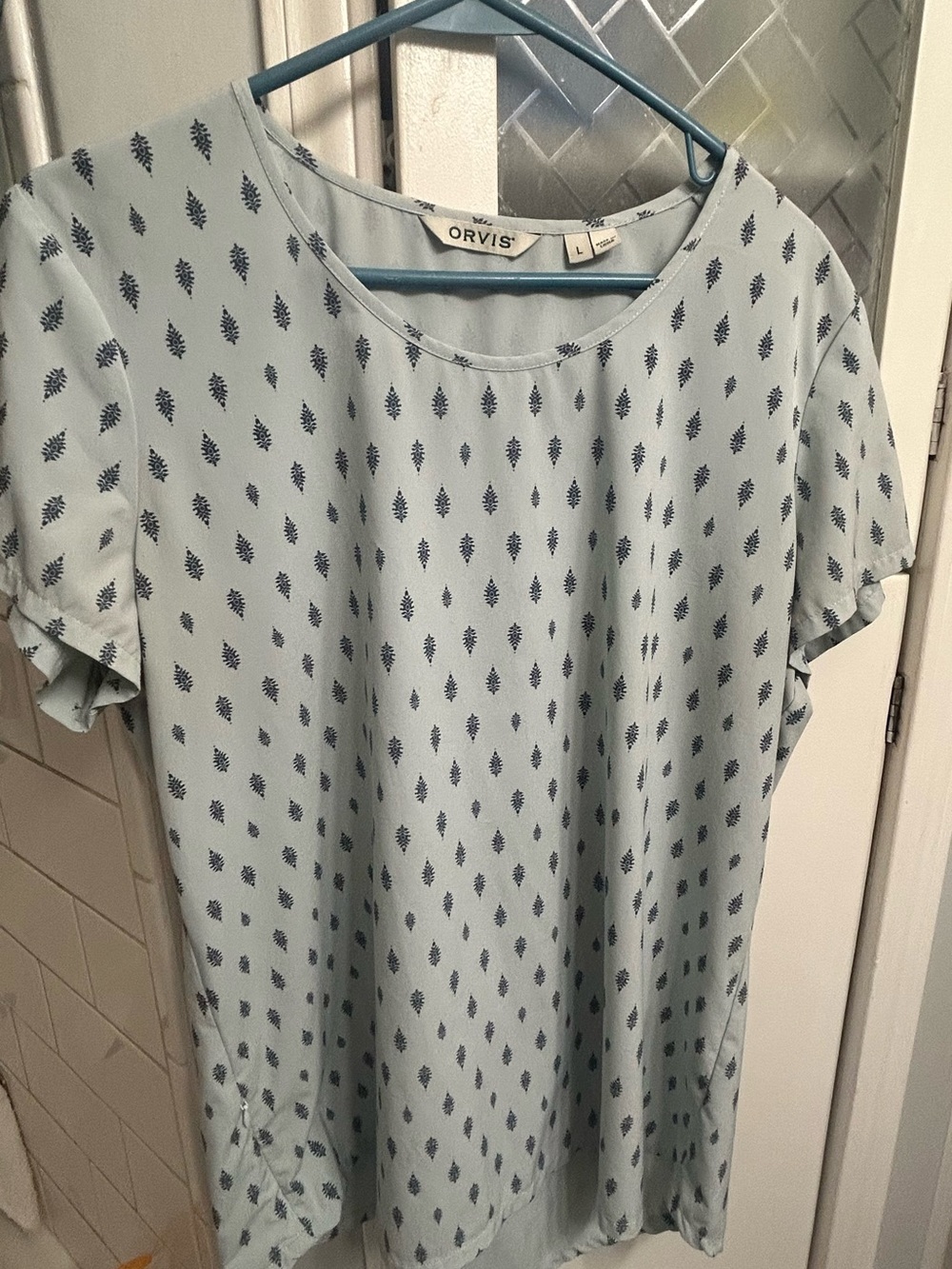 Orvis Pale Bluish-green Short-Sleeve Blouse with Navy Leaf Print